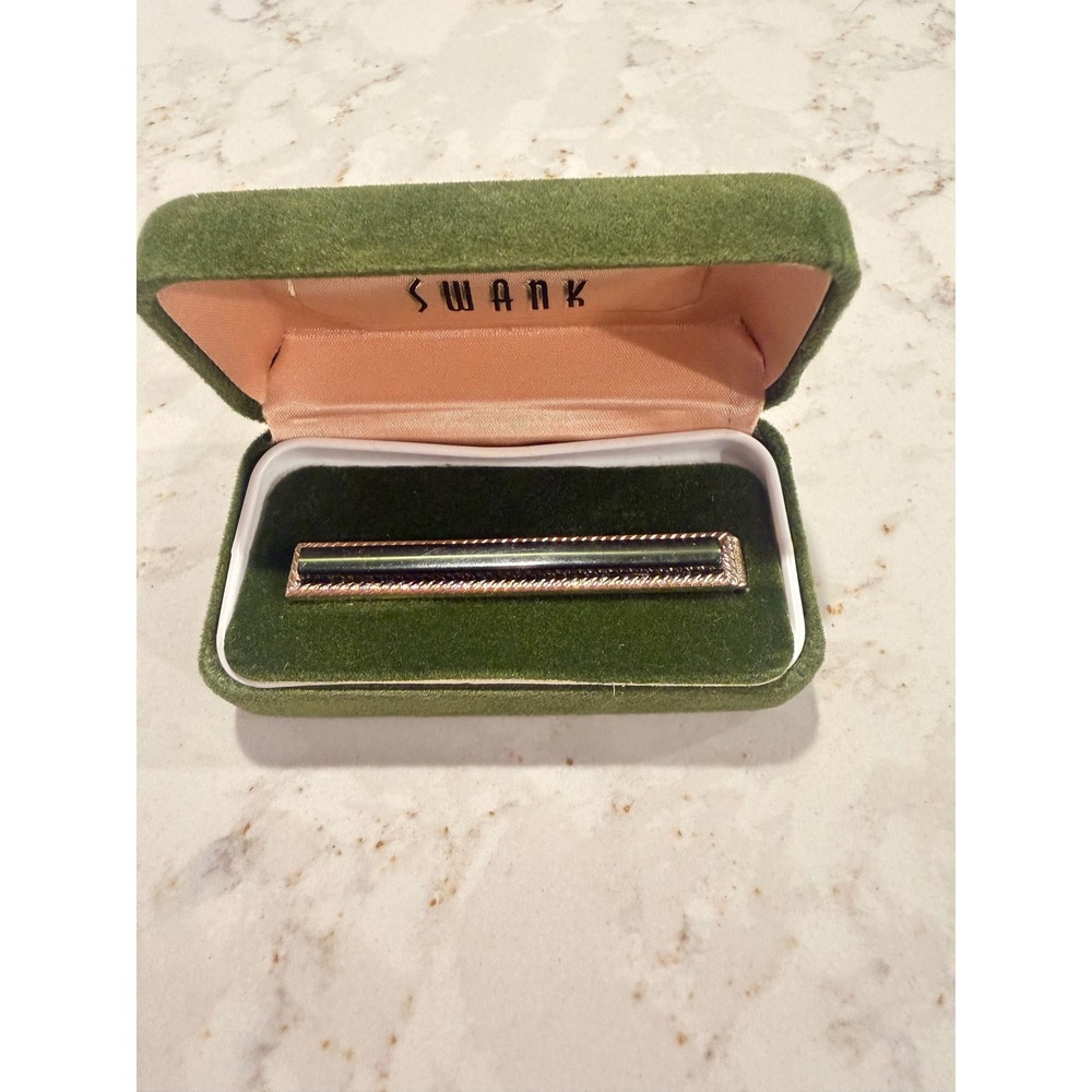 Vintage Swank Tie Bar Black Gold Tone Rope Edge Mens Accessory with Original Box